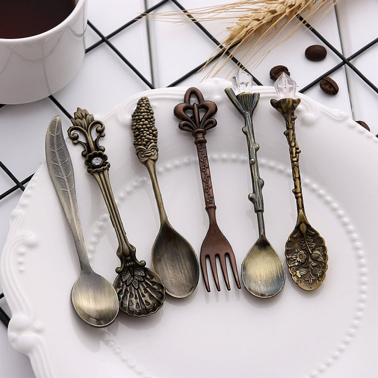 6pcs / Set Vintage Mini Coffee Spoons Suit Royal Style Metal Carved Coffee Fruit Cutler Dessert Flatware Kitchen Tools Antique Bronze（With Red Fork） by bashfashion