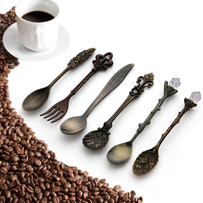 6pcs / Set Vintage Mini Coffee Spoons Suit Royal Style Metal Carved Coffee Fruit Cutler Dessert Flatware Kitchen Tools Antique Bronze（With Red Fork） by bashfashion