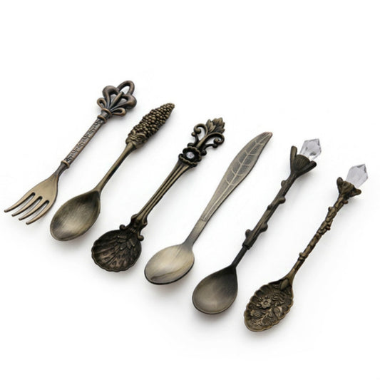 6pcs / Set Vintage Mini Coffee Spoons Suit Royal Style Metal Carved Coffee Fruit Cutler Dessert Flatware Kitchen Tools Antique Bronze（With Antique Fork） by bashfashion