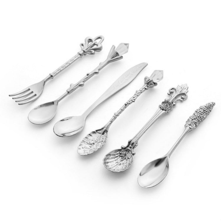 6pcs / Set Vintage Mini Coffee Spoons Suit Royal Style Metal Carved Coffee Fruit Cutler Dessert Flatware Kitchen Tools Silver by bashfashion