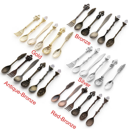 6pcs / Set Vintage Mini Coffee Spoons Suit Royal Style Metal Carved Coffee Fruit Cutler Dessert Flatware Kitchen Tools Silver by bashfashion