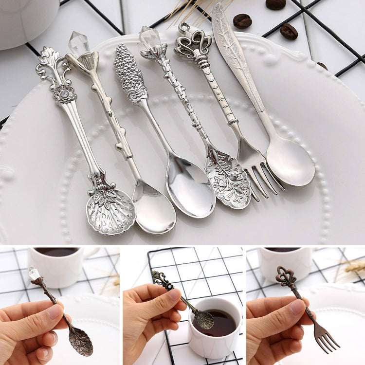 6pcs / Set Vintage Mini Coffee Spoons Suit Royal Style Metal Carved Coffee Fruit Cutler Dessert Flatware Kitchen Tools Silver by bashfashion