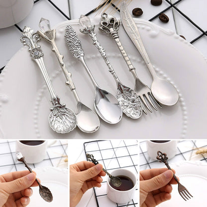 6pcs / Set Vintage Mini Coffee Spoons Suit Royal Style Metal Carved Coffee Fruit Cutler Dessert Flatware Kitchen Tools Silver by bashfashion