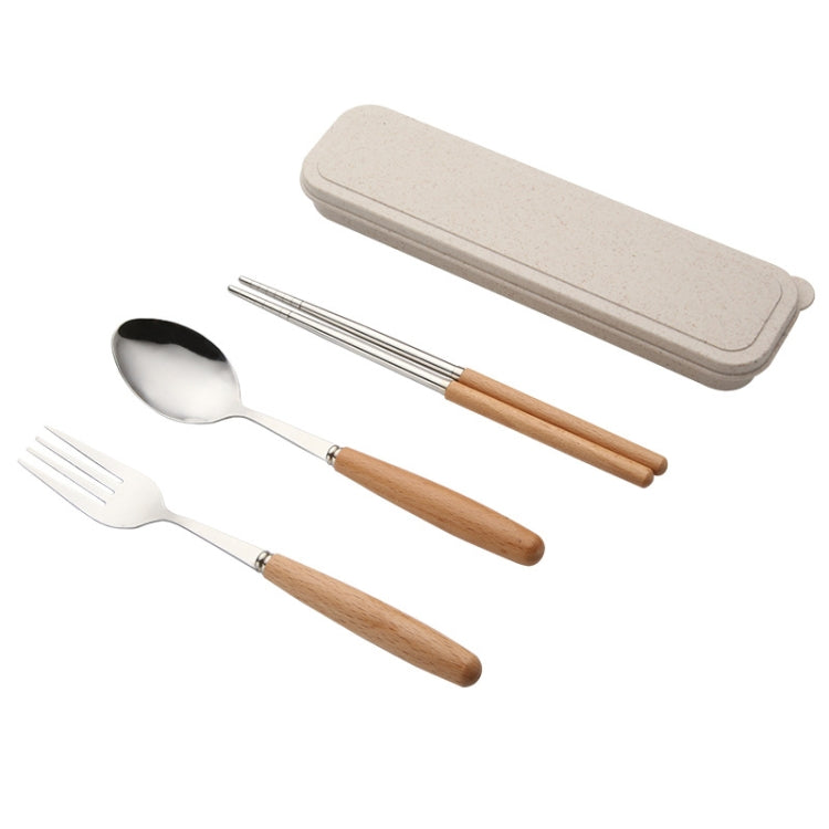3 in 1 Spoon Chopsticks Fork Cutlery Set Three-piece Creative Work Students Portable Tableware(Three-piece set of wooden handle spoon fork chopsticks) by bashfashion