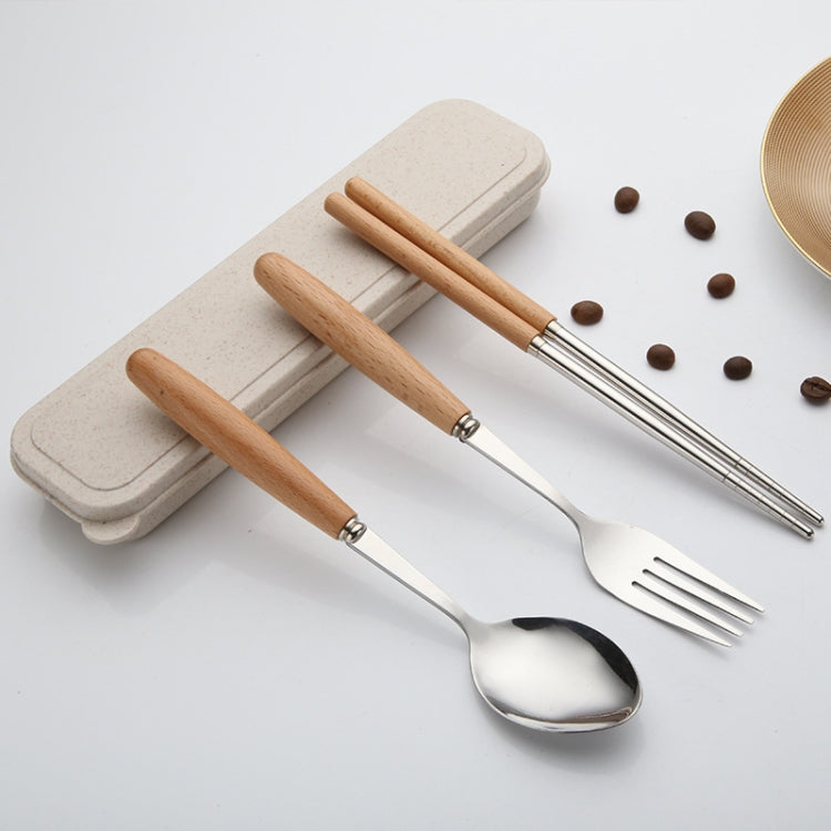 3 in 1 Spoon Chopsticks Fork Cutlery Set Three-piece Creative Work Students Portable Tableware(Three-piece set of wooden handle spoon fork chopsticks) by bashfashion