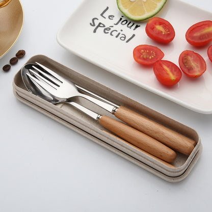 3 in 1 Spoon Chopsticks Fork Cutlery Set Three-piece Creative Work Students Portable Tableware(Three-piece set of wooden handle spoon fork chopsticks) by bashfashion