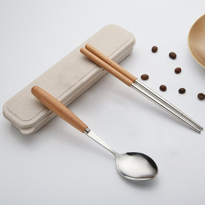 3 in 1 Spoon Chopsticks Fork Cutlery Set Three-piece Creative Work Students Portable Tableware(Two-piece wooden spoon chopsticks) by bashfashion