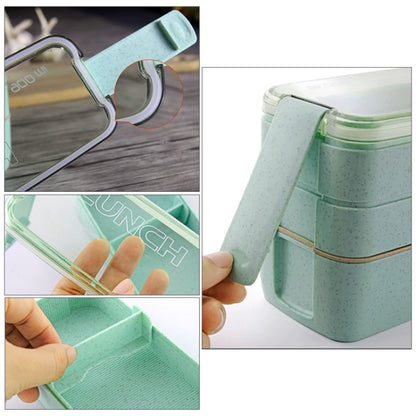 900ml 3 Layers Bento Box Lunch Box Food Container Wheat Straw Material Microwavable Dinnerware Lunchbox(Green) by bashfashion