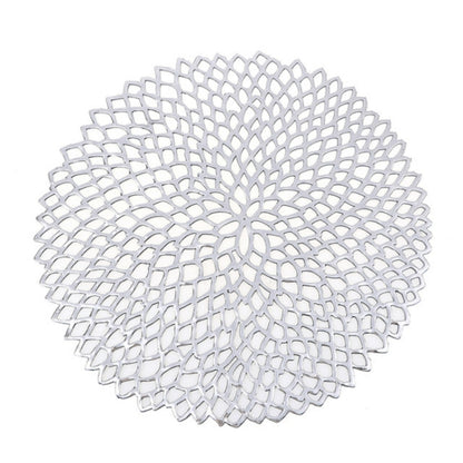 Table Bowl Mats Home Decor Placemat For Dining Table PVC Plastic Hollow Insulation Round Baroque Mediterranean Coaster Pads(Silver) by bashfashion