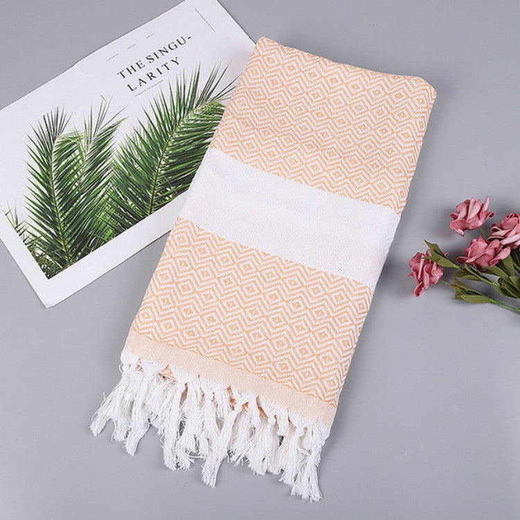 Striped Cotton Bath Towel With Tassels Thin Travel Camping Bath Sauna Beach Gym Pool Blanket Absorbent Easy Care(Light Orange) by bashfashion