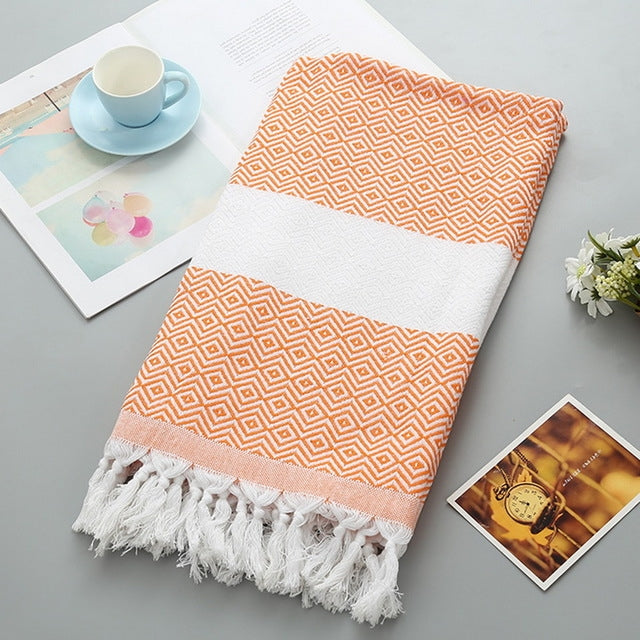 Striped Cotton Bath Towel With Tassels Thin Travel Camping Bath Sauna Beach Gym Pool Blanket Absorbent Easy Care(Orange) by bashfashion