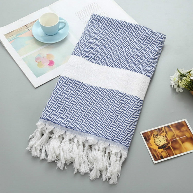 Striped Cotton Bath Towel With Tassels Thin Travel Camping Bath Sauna Beach Gym Pool Blanket Absorbent Easy Care(Blue) by bashfashion