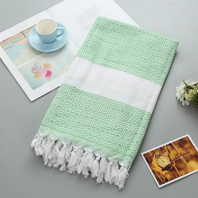 Striped Cotton Bath Towel With Tassels Thin Travel Camping Bath Sauna Beach Gym Pool Blanket Absorbent Easy Care(Green) by bashfashion