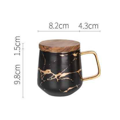 Marble Matte Gold Series Ceramic Tea Cup Coffee Mug With Wooden Lid Or Tray(Black with Lid) by bashfashion