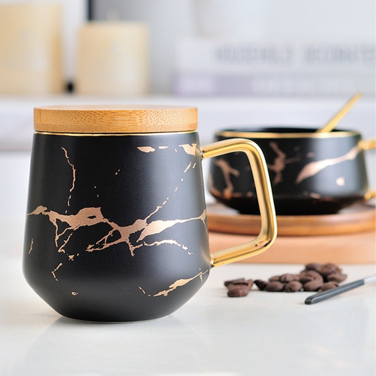 Marble Matte Gold Series Ceramic Tea Cup Coffee Mug With Wooden Lid Or Tray(Black with Lid) by bashfashion