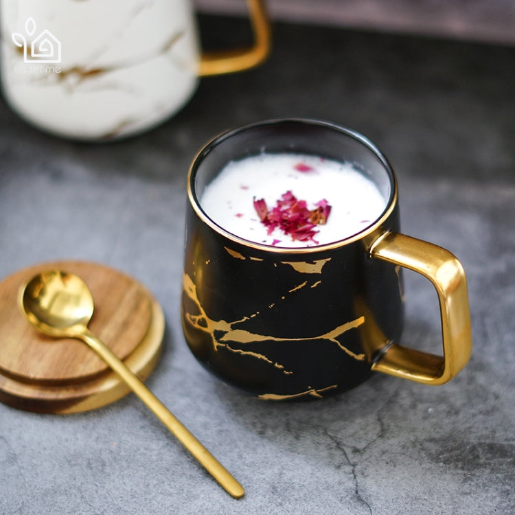 Marble Matte Gold Series Ceramic Tea Cup Coffee Mug With Wooden Lid Or Tray(Black with Lid) by bashfashion
