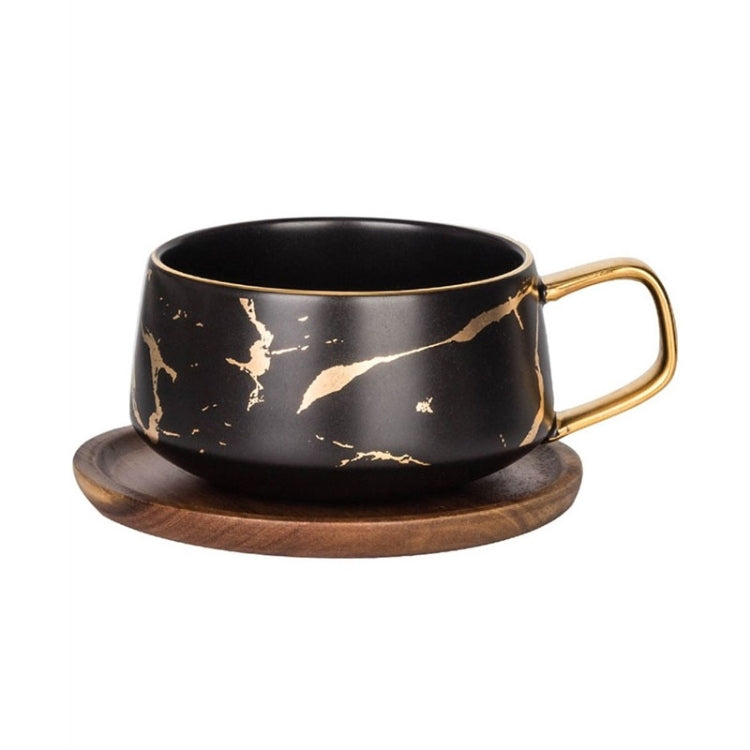 Marble Matte Gold Series Ceramic Tea Cup Coffee Mug With Wooden Lid Or Tray(Black with Tray) by bashfashion