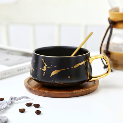 Marble Matte Gold Series Ceramic Tea Cup Coffee Mug With Wooden Lid Or Tray(Black with Tray) by bashfashion