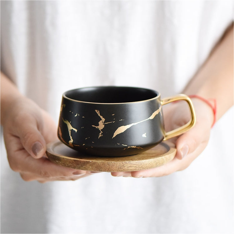 Marble Matte Gold Series Ceramic Tea Cup Coffee Mug With Wooden Lid Or Tray(Black with Tray) by bashfashion