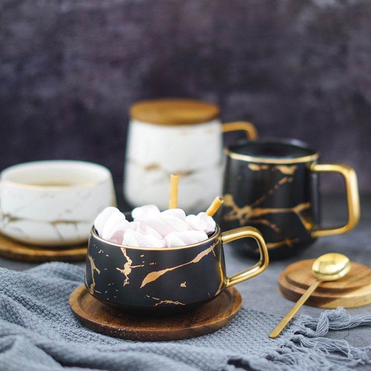 Marble Matte Gold Series Ceramic Tea Cup Coffee Mug With Wooden Lid Or Tray(Black with Tray) by bashfashion