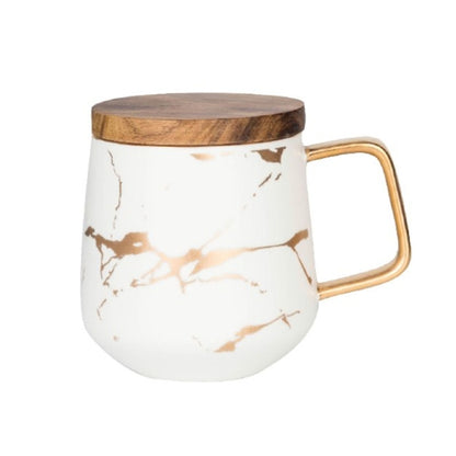 Marble Matte Gold Series Ceramic Tea Cup Coffee Mug With Wooden Lid Or Tray(White with Lid) by bashfashion