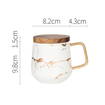 Marble Matte Gold Series Ceramic Tea Cup Coffee Mug With Wooden Lid Or Tray(White with Lid) by bashfashion