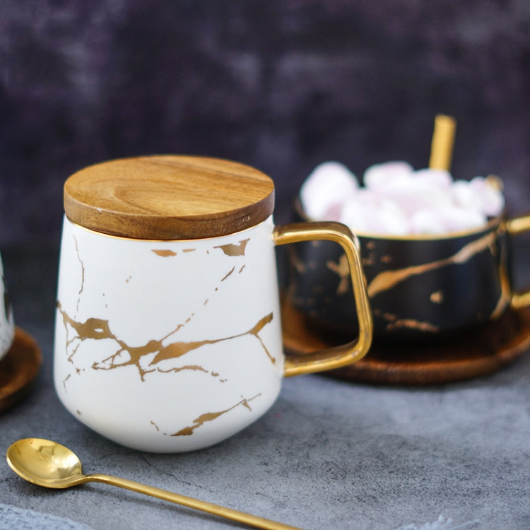 Marble Matte Gold Series Ceramic Tea Cup Coffee Mug With Wooden Lid Or Tray(White with Lid) by bashfashion