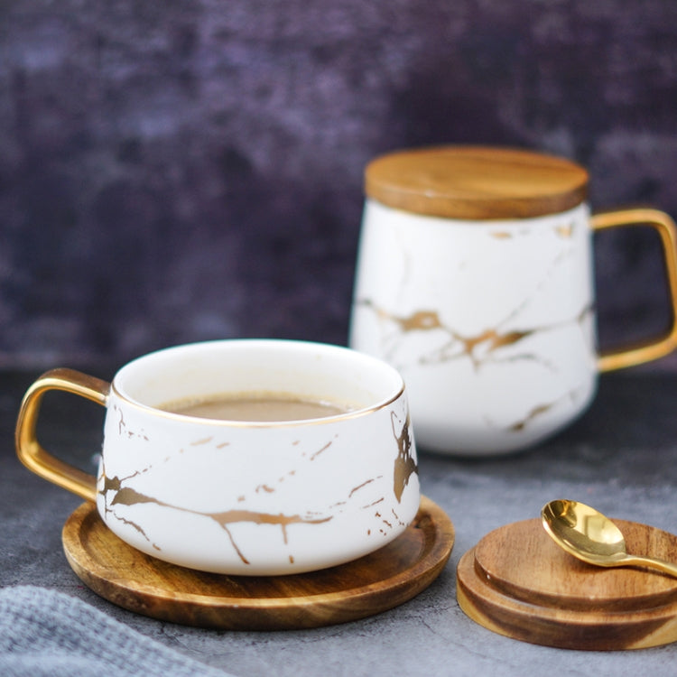 Marble Matte Gold Series Ceramic Tea Cup Coffee Mug With Wooden Lid Or Tray(White with Lid) by bashfashion