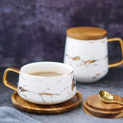Marble Matte Gold Series Ceramic Tea Cup Coffee Mug With Wooden Lid Or Tray(White with Lid) by bashfashion