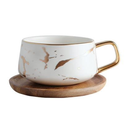 Marble Matte Gold Series Ceramic Tea Cup Coffee Mug With Wooden Lid Or Tray(White with Tray) by bashfashion