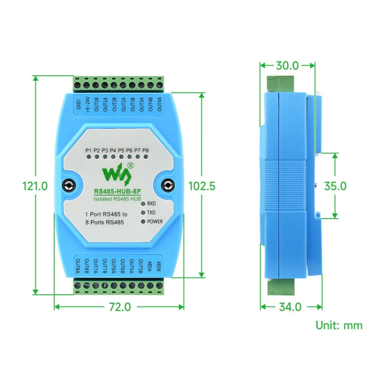 Waveshare RS485-HUB-8P Industrial-grade Isolated 8-ch RS485 Hub, Rail-mount Support, Wide Baud Rate Range by Waveshare
