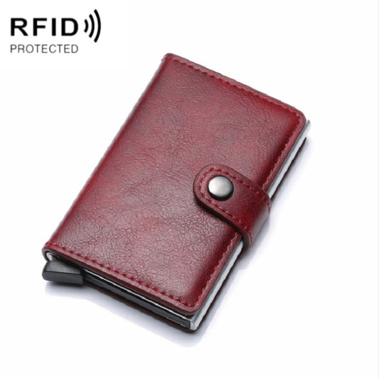 PU Aluminum Alloy Card Case Anti-magnetic RFID Shielding Anti-Theft Wallet(Wine Red) by bashfashion