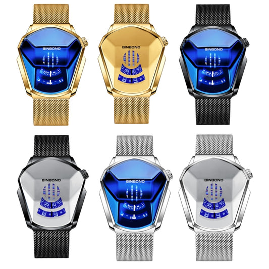 BINBOND Locomotive Concept Watch Men Live Black Technology Watch(Black Net Belt-Black Steel-Blue Face) by BINBOND