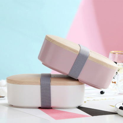 Oval Simple Lunch Box Wooden Sushi Sealed Leak-proof Lunch Box with Cutlery(Pink) by bashfashion