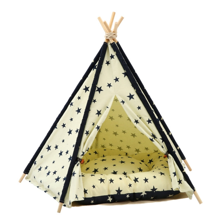 Cotton Canvas Pet Tent Cat and Dog Bed with Cushion, Specification: Large 60×60×70cm(Beige Navy Star) by bashfashion