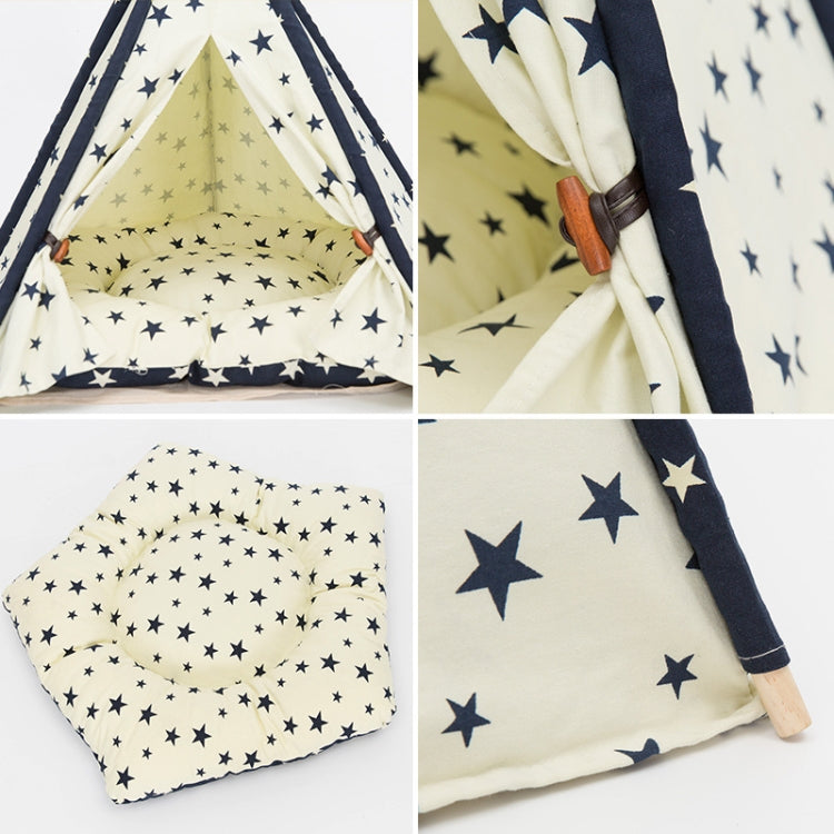 Cotton Canvas Pet Tent Cat and Dog Bed with Cushion, Specification: Large 60×60×70cm(Beige Navy Star) by bashfashion