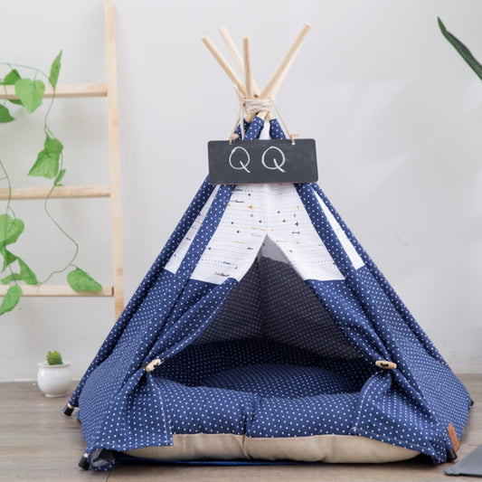 Cotton Canvas Pet Tent Cat and Dog Bed with Cushion, Specification: Small 40×40×50cm(Navy Blue Dot) by bashfashion