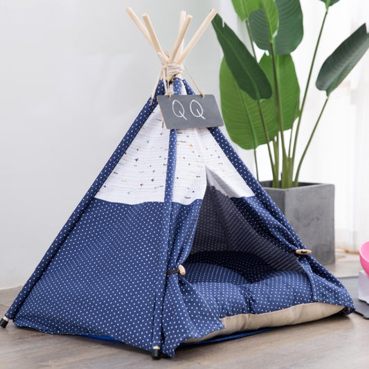 Cotton Canvas Pet Tent Cat and Dog Bed with Cushion, Specification: Small 40×40×50cm(Navy Blue Dot) by bashfashion