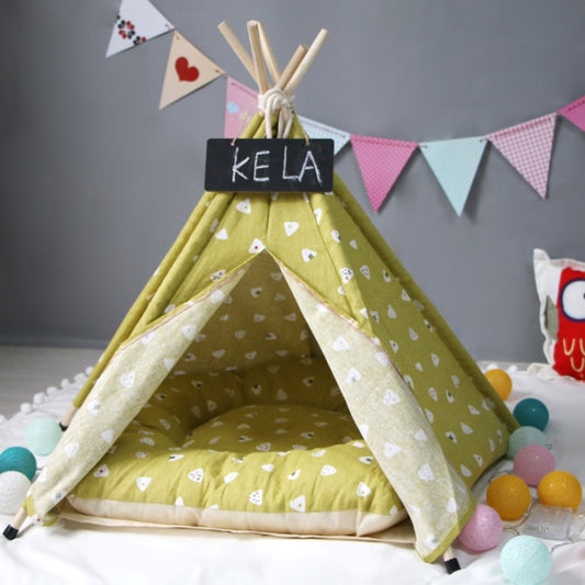 Cotton Canvas Pet Tent Cat and Dog Bed with Cushion, Specification: Large 60×60×70cm(Yellow Triangle) by bashfashion