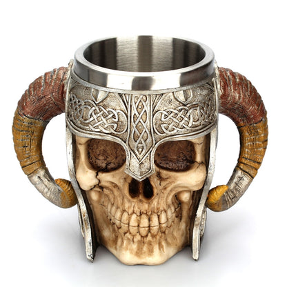Stainless Steel Skull Mug Ram Horned Warrior Beer Coffee Mug Tea Cup Halloween Bar Drinkware Gift, Capacity:501-600ml by bashfashion