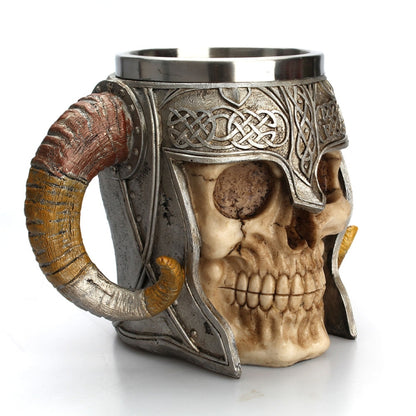 Stainless Steel Skull Mug Ram Horned Warrior Beer Coffee Mug Tea Cup Halloween Bar Drinkware Gift, Capacity:501-600ml by bashfashion