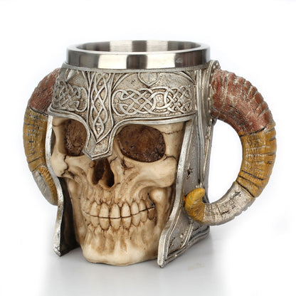 Stainless Steel Skull Mug Ram Horned Warrior Beer Coffee Mug Tea Cup Halloween Bar Drinkware Gift, Capacity:501-600ml by bashfashion