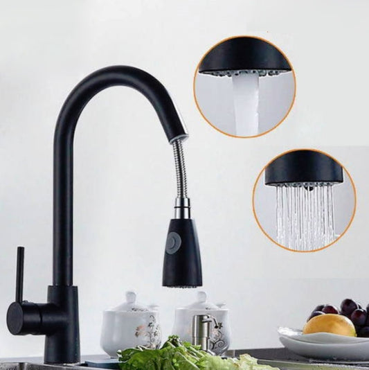 Kitchen Pull-out Faucet Hot And Cold Home 304 Stainless Steel Retractable Rotating Faucet, Style:Stainless Steel Black by bashfashion