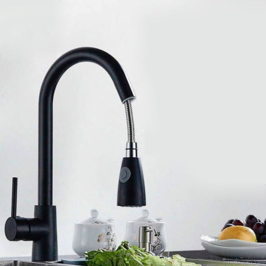 Kitchen Pull-out Faucet Hot And Cold Home 304 Stainless Steel Retractable Rotating Faucet, Style:Stainless Steel Black by bashfashion