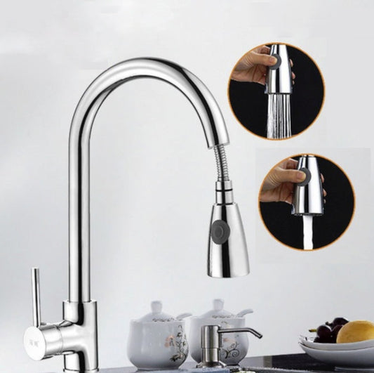 Kitchen Pull-out Faucet Hot And Cold Home 304 Stainless Steel Retractable Rotating Faucet, Style:Plating 304 by bashfashion