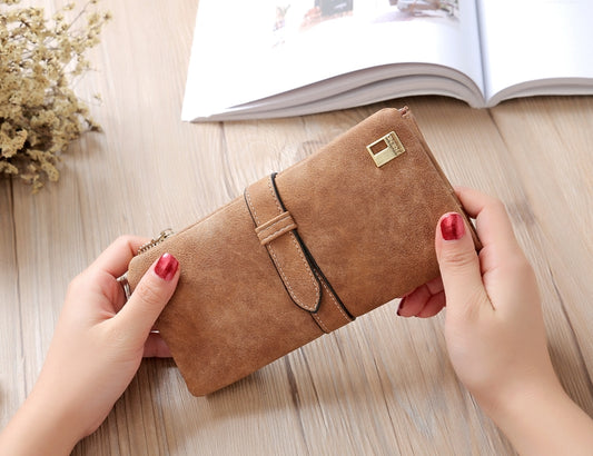 Solid Drawstring Nubuck Leather Zipper Long Women Wallet Phone Bag Purse Card Holder(Brown) by bashfashion