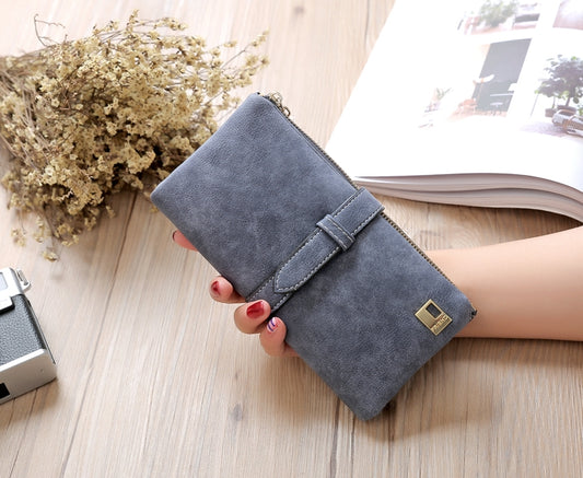 Solid Drawstring Nubuck Leather Zipper Long Women Wallet Phone Bag Purse Card Holder(Gray) by bashfashion