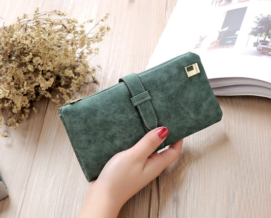 Solid Drawstring Nubuck Leather Zipper Long Women Wallet Phone Bag Purse Card Holder(Green) by bashfashion