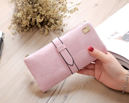 Solid Drawstring Nubuck Leather Zipper Long Women Wallet Phone Bag Purse Card Holder(Pink) by bashfashion