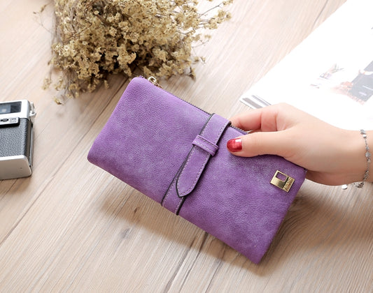 Solid Drawstring Nubuck Leather Zipper Long Women Wallet Phone Bag Purse Card Holder(Purple) by bashfashion